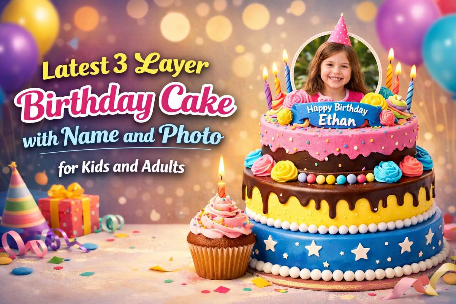Latest 3 Layer Birthday Cake with Name and Photo for Kids and Adults