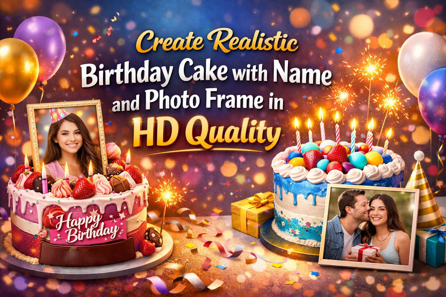 Create Realistic Birthday Cake with Name and Photo Frame in HD Quality