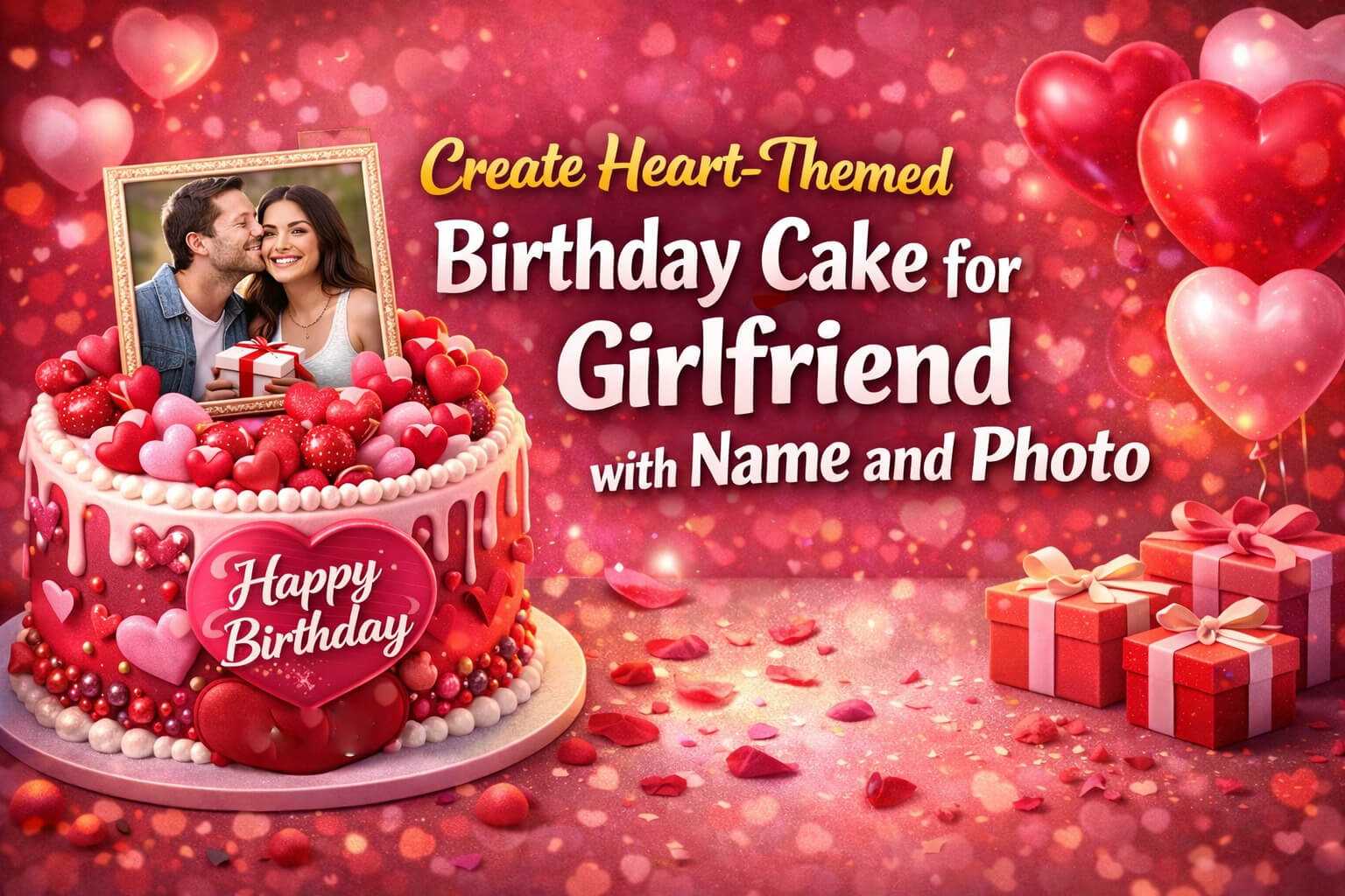Create Heart Themed Birthday Cake for Girlfriend with Name and Photo
