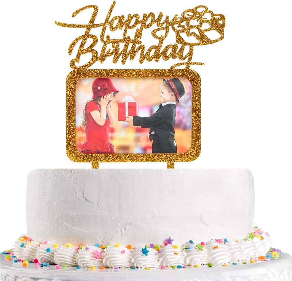 Gold Happy Birthday Cake Decorations Topper With Photo Frame