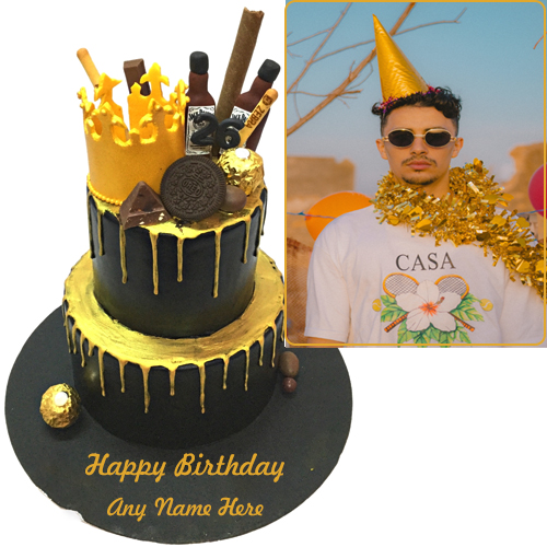 Black And Gold Themed Birthday Cake Photo Frame Name