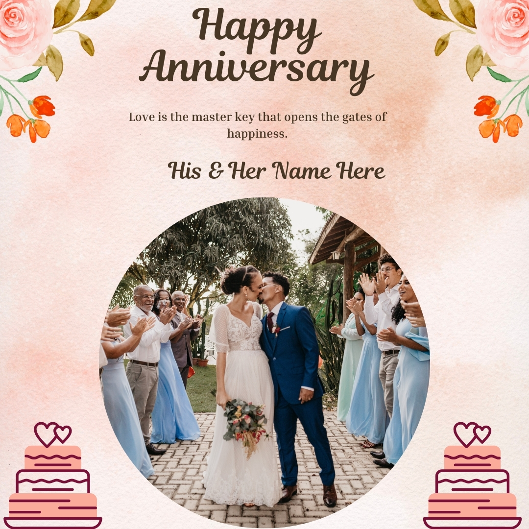 Happy Marriage Anniversary Cake And Card With Name And Photo