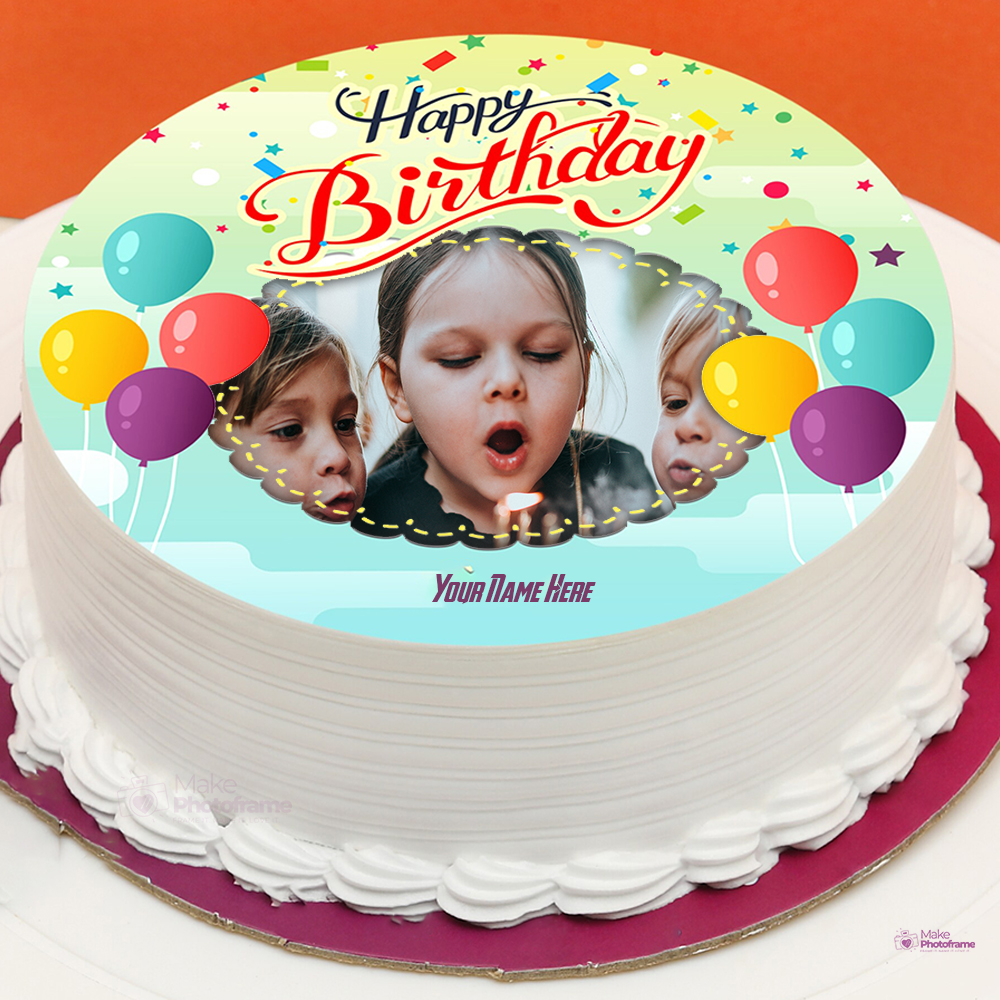 Happy Balloon Surprise Birthday Cake With Name And Photo
