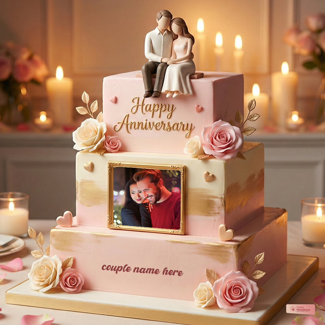 Happy Anniversary Lovely Couple Cake With Name And Photo