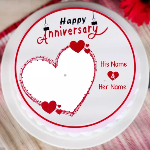 Heart Shape Anniversary Cake With Name And Photo