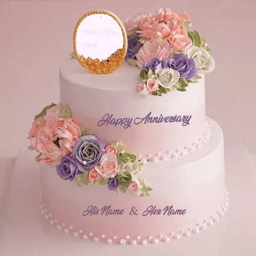Anniversary Cake Flower With Name And Photo Edit