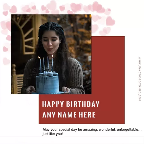 Открытка с пожеланиями на день рождения с ее именем и фото