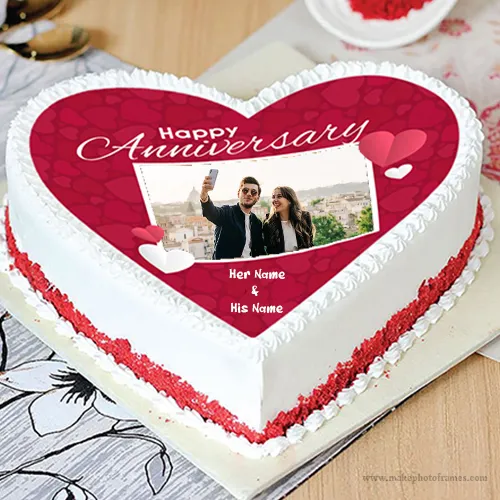 Wedding Anniversary Cake Wishes With Photo And Name In Heart Shape