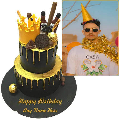 Black And Gold Themed Birthday Cake Photo Frame Name