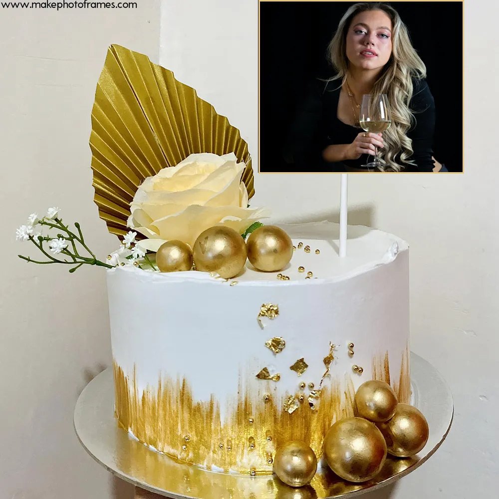 Elegant Gold And White Birthday Cake With Photo Editor