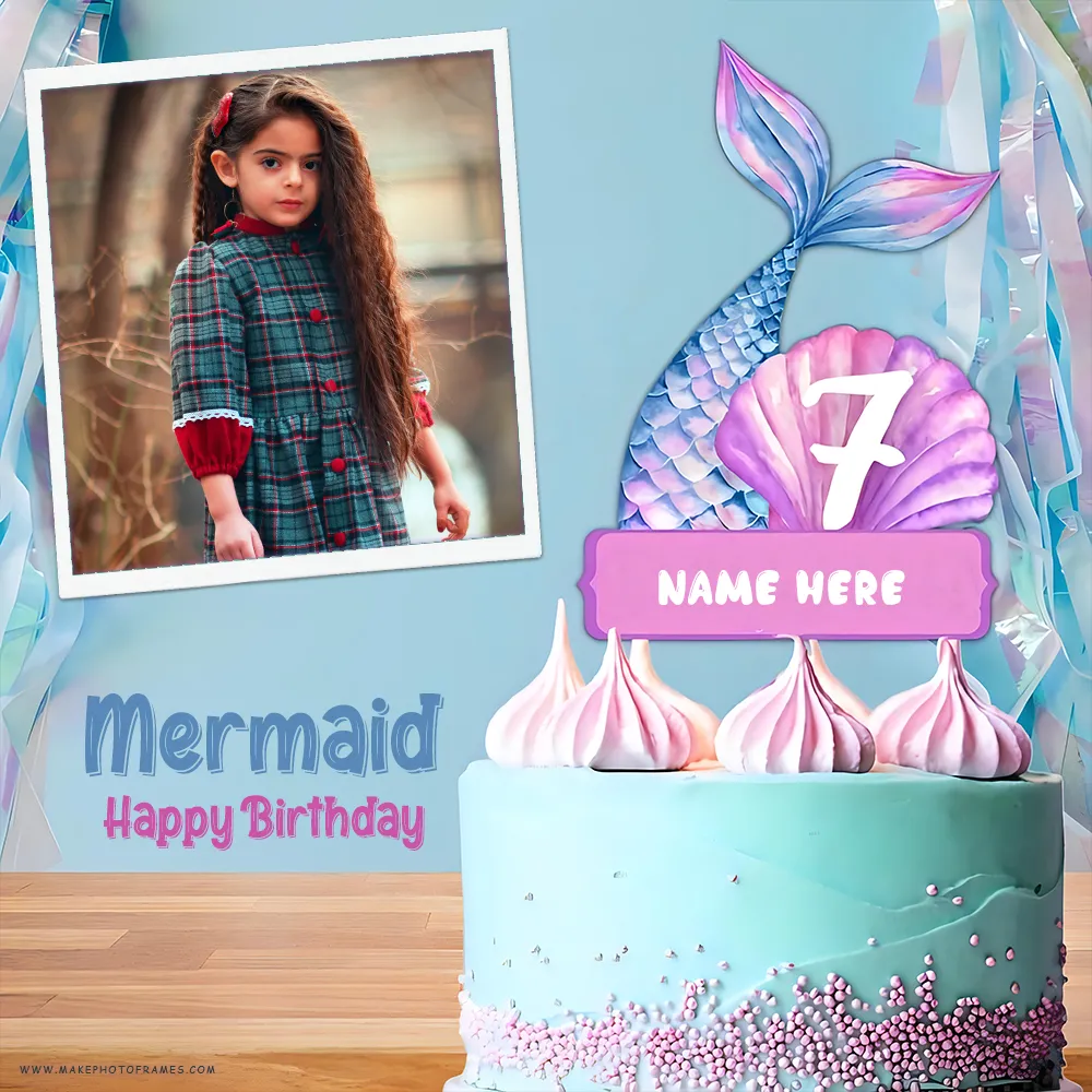 Mermaid 7th Birthday Cake Topper With Name And Photo