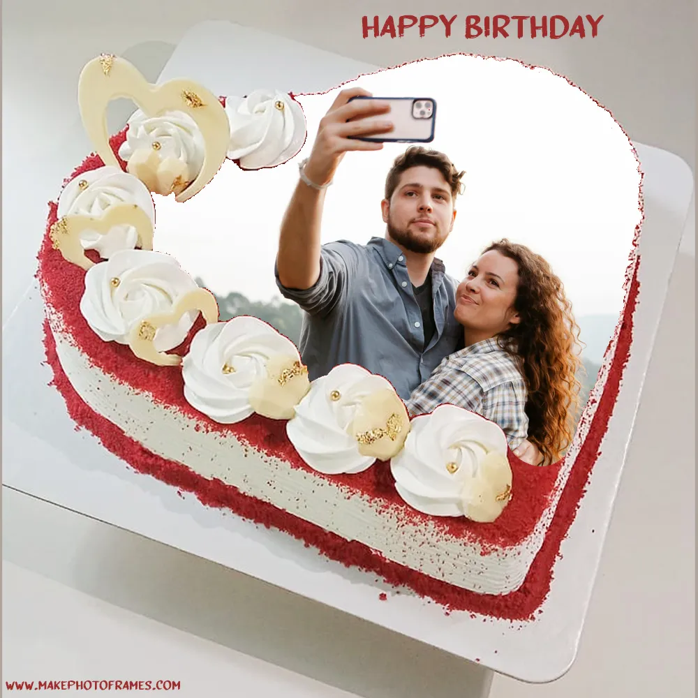 White Rose Birthday Cake Heart Shape With Photo Frame Editor