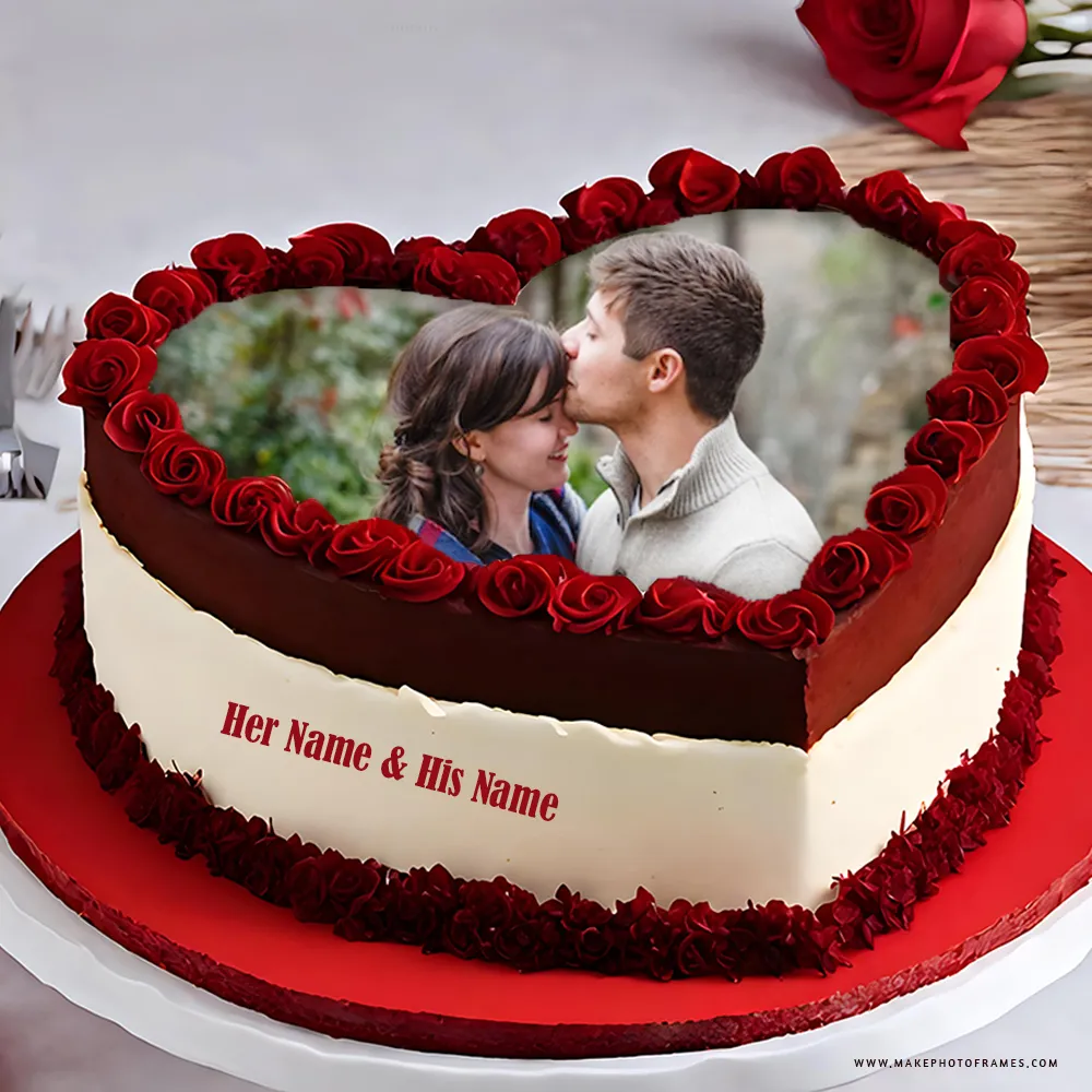 Wedding Anniversary Love Heart Shape Cake Photo With Couple Name