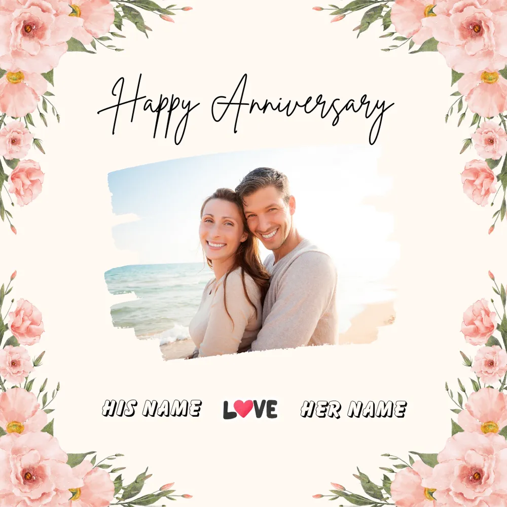 Floral Wedding Anniversary Name With Couple Photo Frame Editing