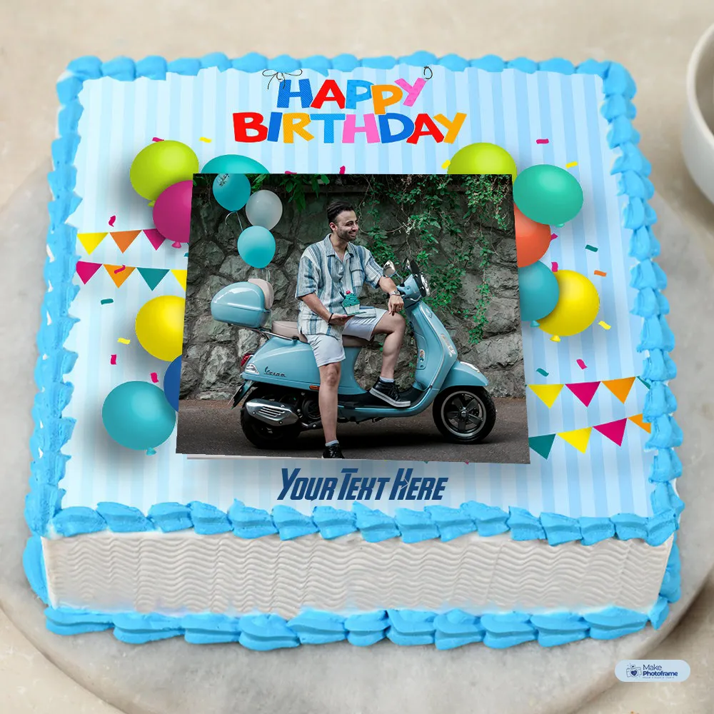 Blue Balloon Blast Birthday Cake With Name And Photo